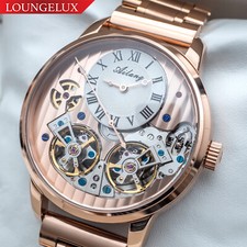 Mens Luxury Double Flywheel Skeleton Automatic Mechanical Watch Stainless Steel
