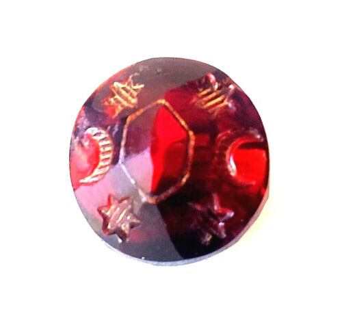 Div I Red Glass Tingue Cousin Antique Button-Stars & Crescent Moons on Border - Picture 2 of 4