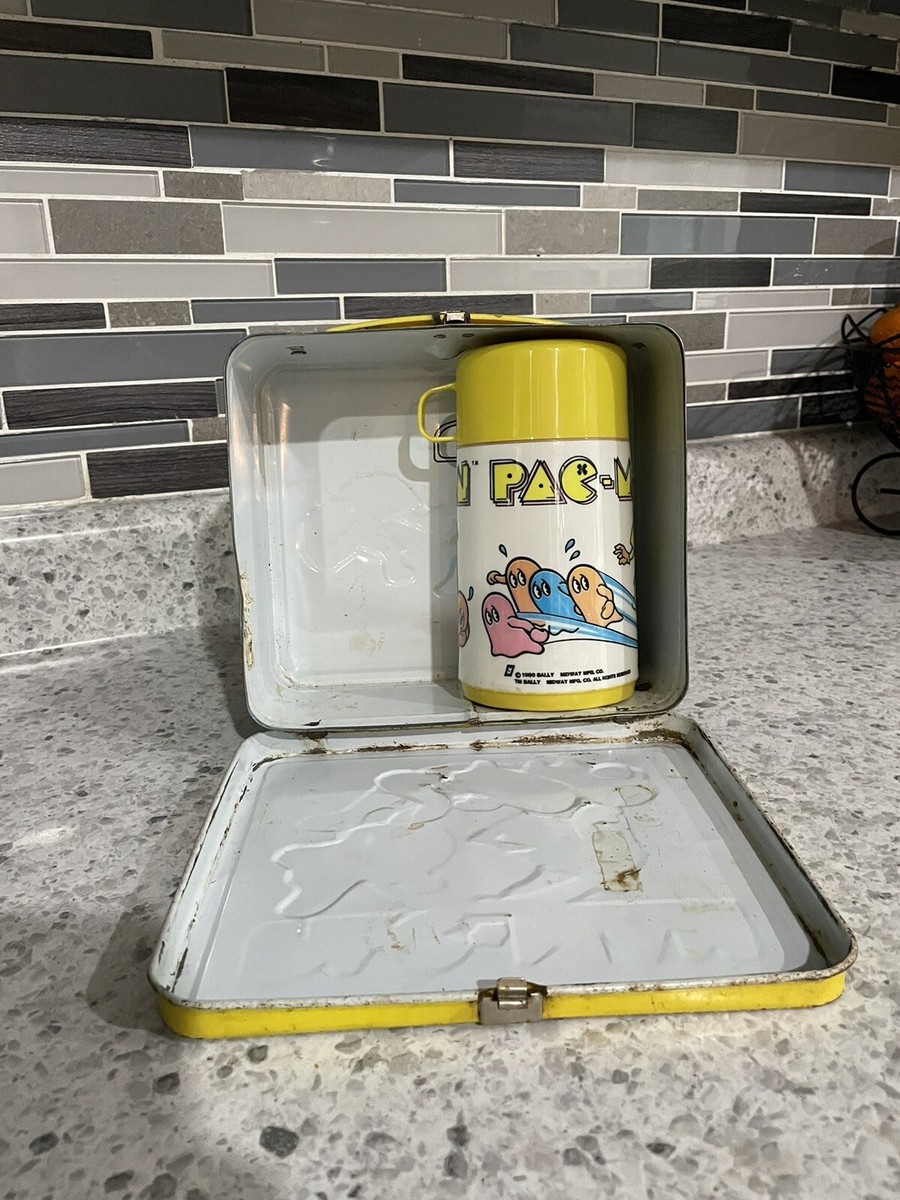 Pac-Man Game Metal Lunch Box w/ Plastic Thermos Complete Aladdin