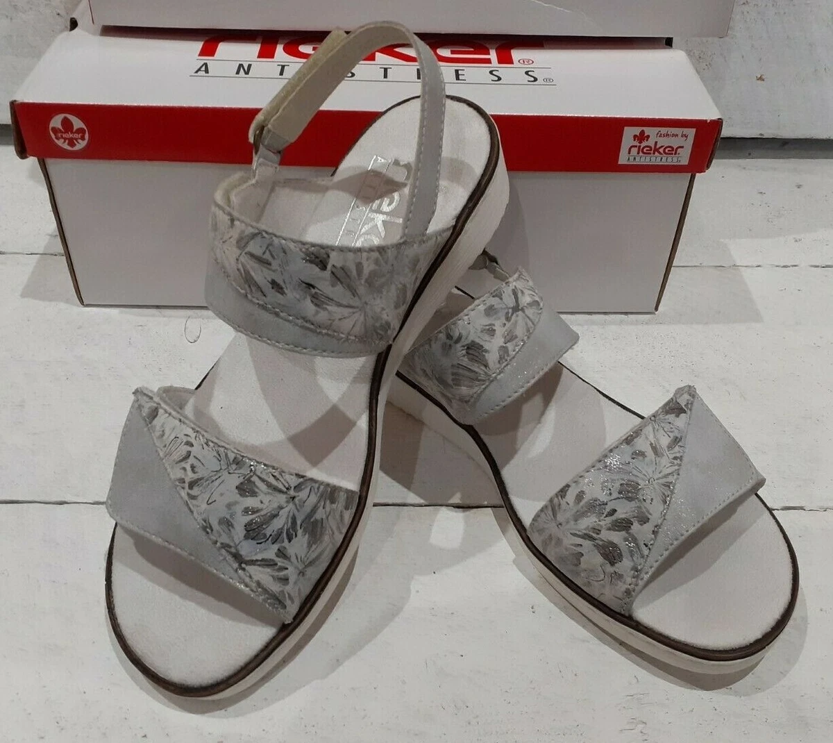 fortjener Forbandet Defekt Ladies Rieker 636G9-80 Grey Metallic Hook & Loop Wedge Sandals | eBay