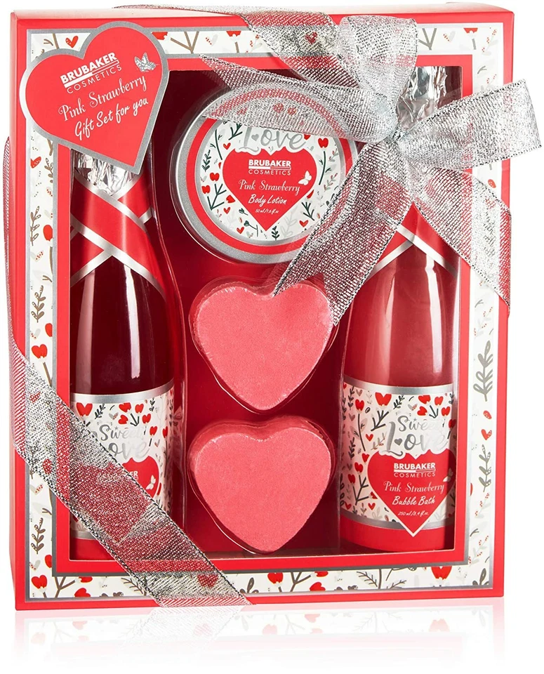 BRUBAKER Bade Set Erdbeere Champagner 5-tlg Geschenkset Sweet Love Geschenke für Frauen