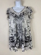Apt 9 Womens Size MP Blk/Wht Sublimation Stretch V-neck Top Flutter Sleeve