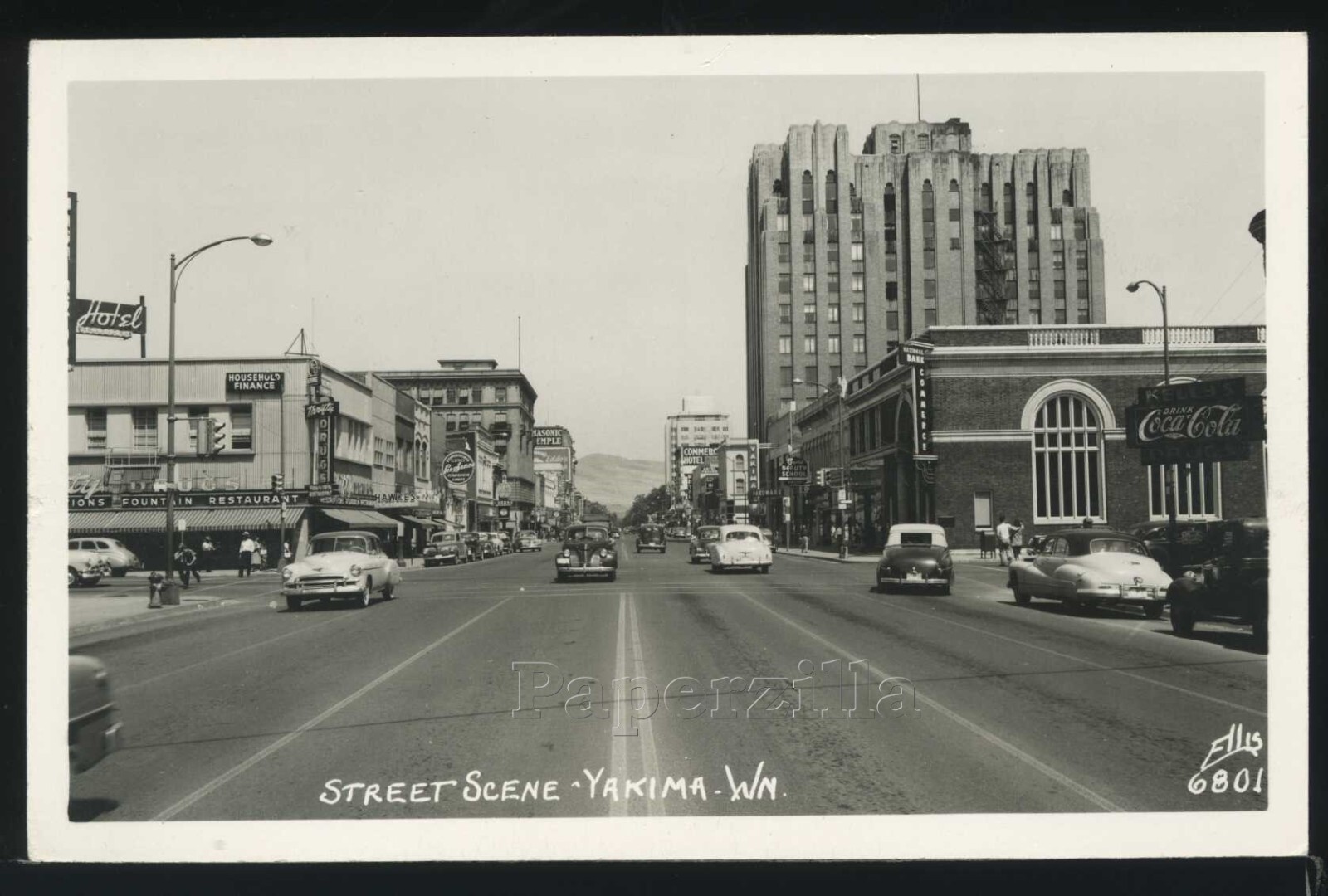 WA Yakima RPPC 1950's STREET SCENE Coca Cola Sign CARS Stores BANK
