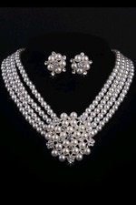 Silver Tone Pearl Necklace Earrings Set Bridal Prom Fashion Costume Jewelry