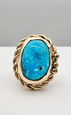 Vintage Navajo 14k Yellow Gold Natural Kingman Turquoise Twist Rope Ring 8.3g