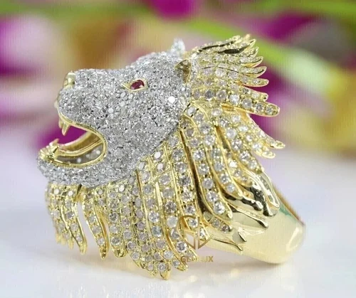 3.00Ct Round Cut Real Moissanite Men's Lion Head Ring 14K Yellow Gold Plated