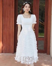Trendy White Square-cut Collar hubble-bubble sleeve A-line Lace Floral Mini Gown