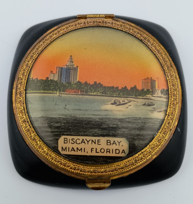 1930s Biscayne Bay Miami Florida Black Bakelite Souvenir Compact Art Deco Vanity