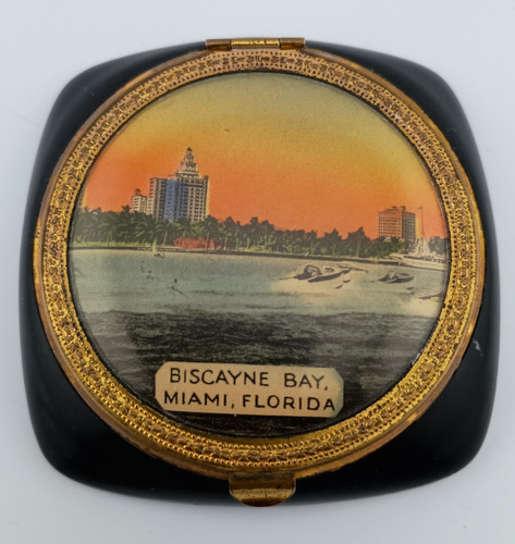 1930s Biscayne Bay Miami Florida Black Bakelite Souvenir Compact Art Deco Vanity