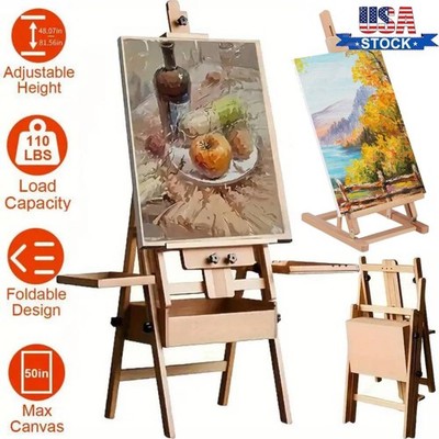 Large Wood H-Frame Easel with Storage Drawer and Palette, Foldable Art Painting 
