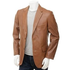 Men's Tan Leather Blazer Real Lambskin Leather Classic Two Button Formal Coat