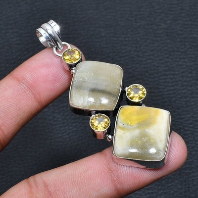 Bumble Bee Jasper, Citrine Handmade 925 Sterling Silver Jewelry Pendant 2.46'' K4