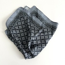100 Silk Twill Pocket Square Gray Black Print 14" Hand Rolled Paisley Mens