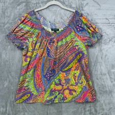 Lauren Ralph Lauren Women’s 1X Paisley Cotton Blouse Multicolor Short Sleeve Top