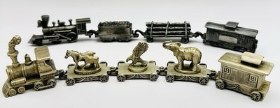 2 Sets, 1 Marked FORT Pewter Miniature Circus Train & No mark Steam Engine Sets