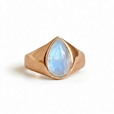 Pear Shape Rainbow Moonstone Ring: 925 Sterling Silver, Signet Ring for Women