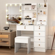 LED Vanity Makeup Dressing Table Desk Set 6 Drawers With Led Mirror and Stool