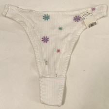 Vintage 90 s Y2K Thong Panties Underwear High Cut Leg Waist Cotton White Flowers