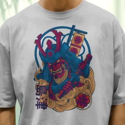 T-Shirt Samurai Oni Maske Japan Streetwear Baumwolle Herren Katana Krieger Cool