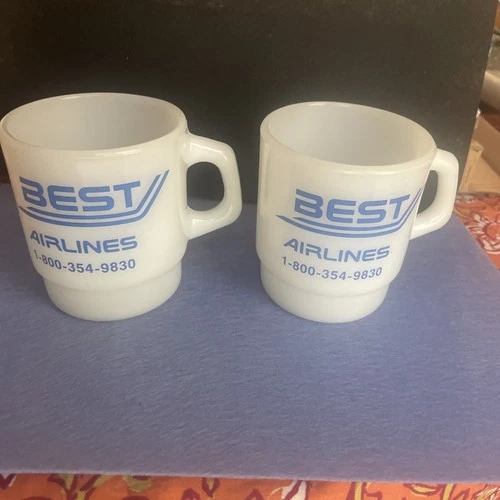 2 Anchor Hocking Milk Glass Vintage Best Airlines Stacking Coffee Cups