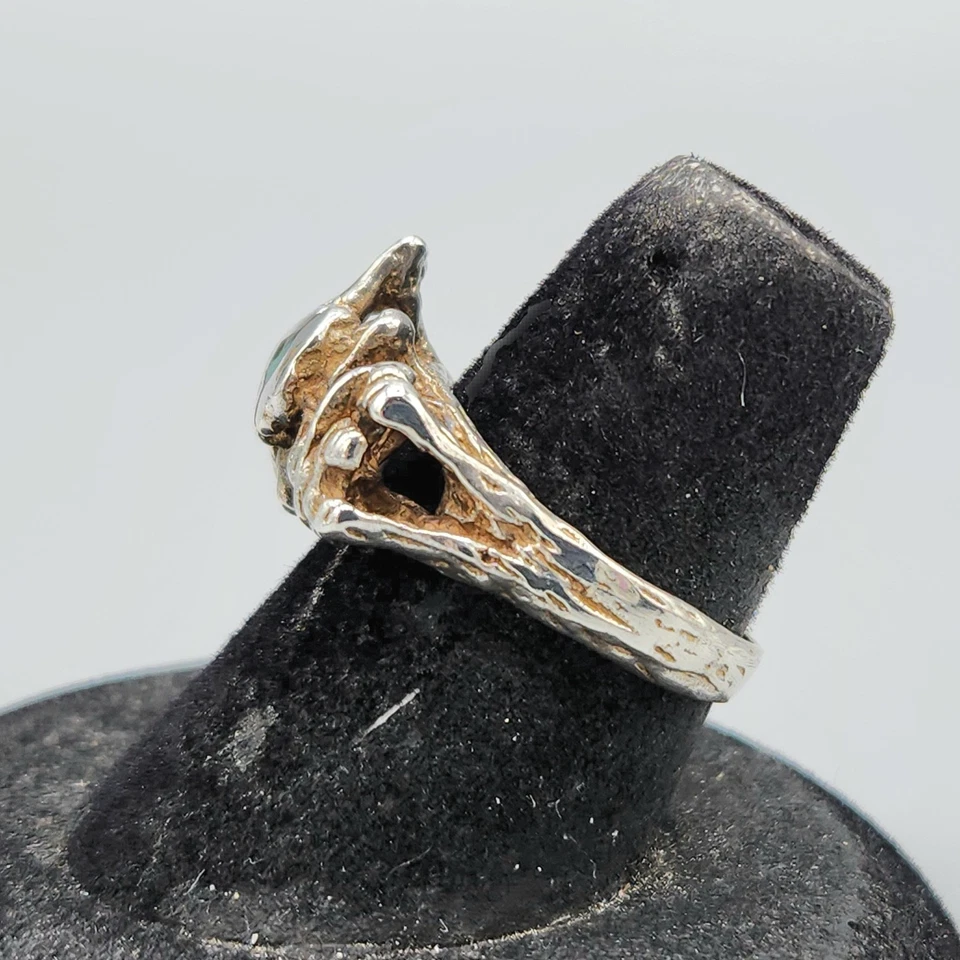 1970s Sterling Silver Turquoise Accent Nugget Brutalist LOVE Ring Sz 6 3.9g - Image 3 of 4