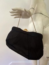 Vintage Black Evening Bag Gold Clasp Satin Purse Clutch Prom Formal Comb Pocket