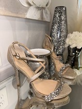 Jewel Badgley Mischka Gold Glitter Rhinestone Ankle Strap Stiletto Heels 9