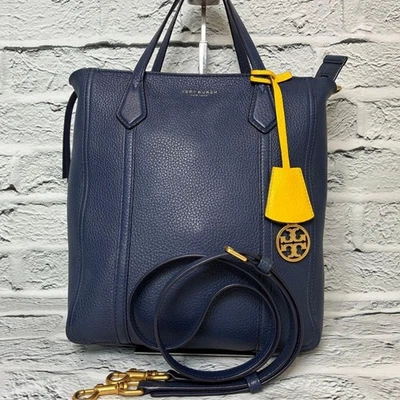 Tory Burch Perry Navy Leather 2Way Tote Shoulder Crossbody Bag Charm - Image 1 of 4