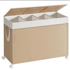SONGMICS HOME Beige Laundry Hamper 4 Section Rolling Laundry Basket with Lid NEW
