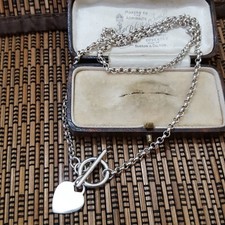 925 Sterling Silver Necklace, Heart Charm Toggle Necklace, 18" Long, Hallmarked