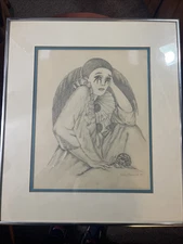 Framed/Matted Sallie Tennant Pencil Sketch - Pensive Clown - 16.5"x19.5"