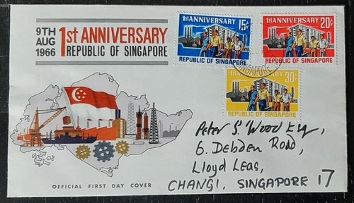 y(SGP-208) Singapore 1966 1st Anniversary FDC posted to CHANGI SINGAPORE