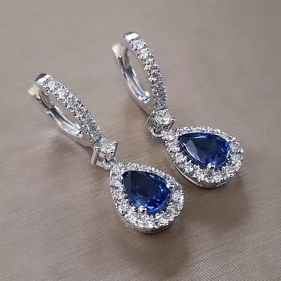 5.00 Ct Pear Cut Natural Sapphire & Diamond Wedding Earring 14k White Gold Stud