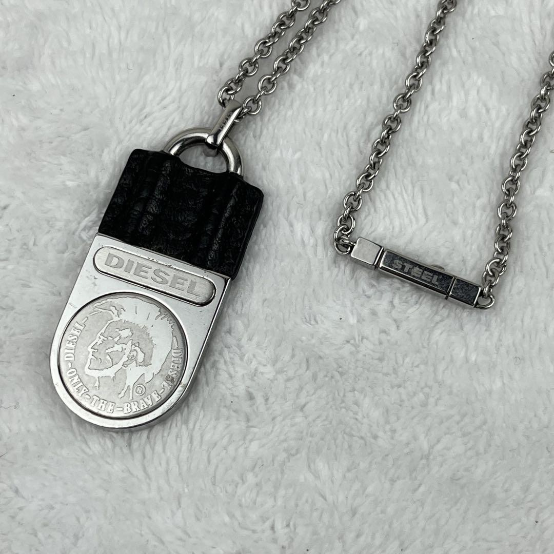 Diesel Men Necklace Steel Leather Black Silver Color Mohawk Length