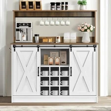 Farmhouse coffee bar cabinet with 6 hooks, 47” sideboard buffet cabine