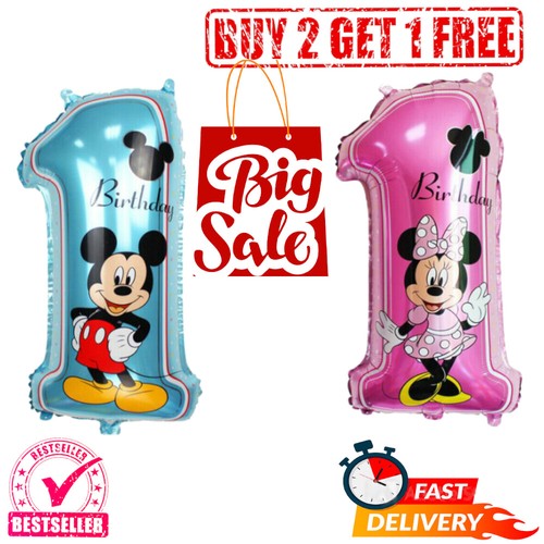 NUMBER 1, 32 INCH FIRST HAPPY BDAY BLUE MICKEY & PINK MINNIE MOUSE FOIL BALLOONS - Picture 1 of 3