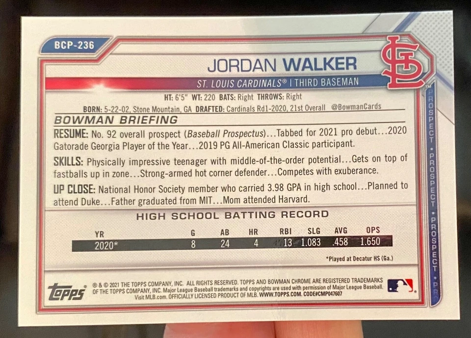 JORDAN WALKER💥only /250💥ROOKIE/RC 🌈PURPLE REFRACTOR🌈 2021 Bowman CHROME - Image 3 of 4