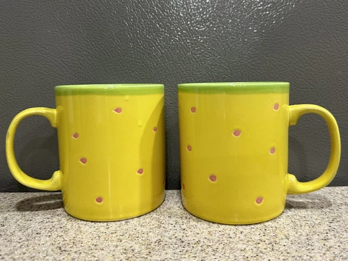 2 Vintage Just Mugs Yellow Pink Dots Green Inside Coffee Mug Made in England EUC