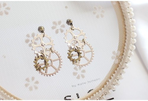 Steampunk Gears Clock Earrings-Brincos Antique Bronze Vintage Link Chain Earring - Picture 10 of 13