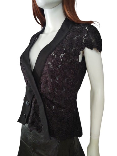 BeBe Crochet Encaje Cuello en V Snap Envoltura Peplem Gorra Manga Negro Informal Formal Top Med - Imagen 5 de 11