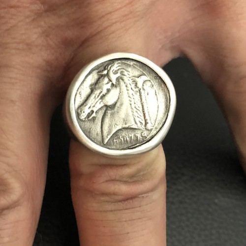 ANILLO CABEZA DE CABALLO DE PLATA ESTERLINA MJG. MONEDA ROMANA. 37 gr. TALLA 10. ECUESTRE. - Imagen 7 de 8