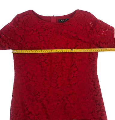 Lauren Ralph Lauren dress size 12P Red lace sheath short sleeve lined | eBay