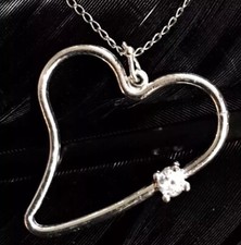 NICE ESTATE STERLING SILVER OPEN HEART CUBIC ZIRCONIA PENDANT NECKLACE 18" LONG