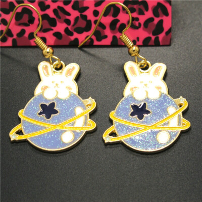 New Blue Enamel Cartoon Planet Rabbit Star Fashion Lady Women Stand Earrings