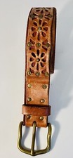LUCKY BRAND DOUBLE LEATHER VINTAGE HIPPY BELT, FLOWERS ,, STUDS,BRASS BUCKLE, 28