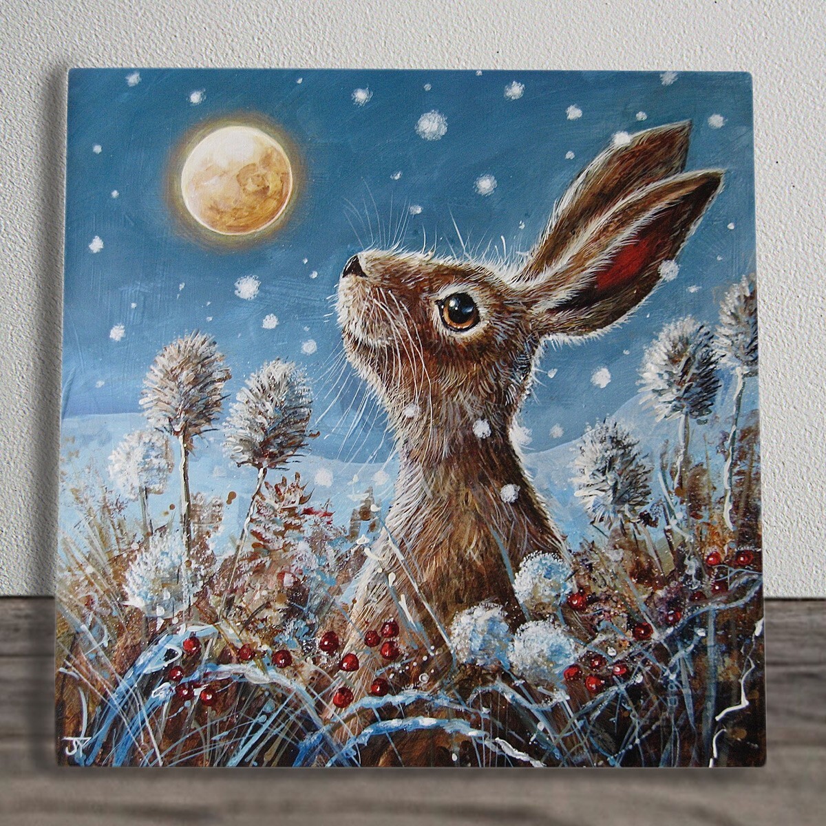 Hare Ceramic Tile Picture Plaque Sign Snow Flurry By Judith Yates 20x20cm