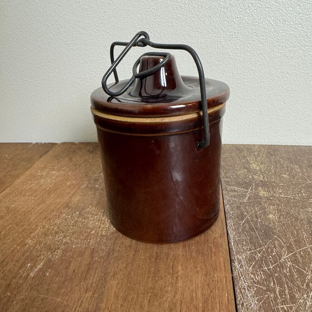 Brown Glazed Stoneware Crock Canister with Bale hinge Lock lid