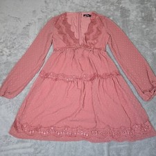 Lulus Dress Womens XS Rusty Rose Wishful Moments Swiss Dot Long Sleeve Cabincore