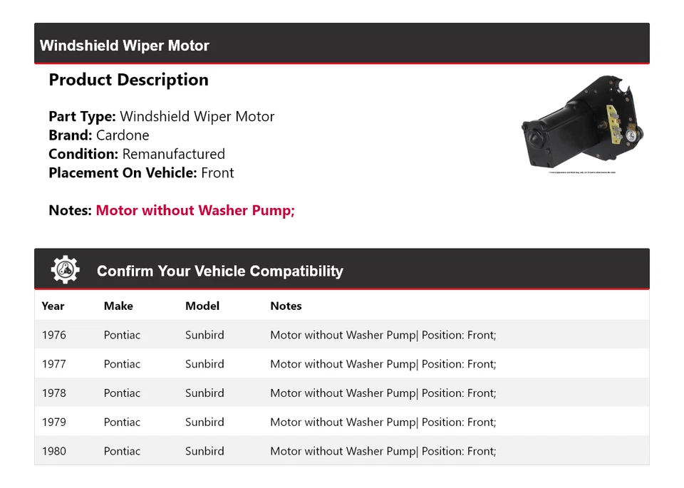 Para Pontiac Sunbird 1976-1980 Limpiaparabrisas Motor Delantero Cardone 1977 1978 Foto 2 de 4