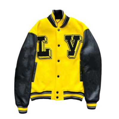 Men's Yellow CowHide Wool Letterman BIker Varsity Leather jacket